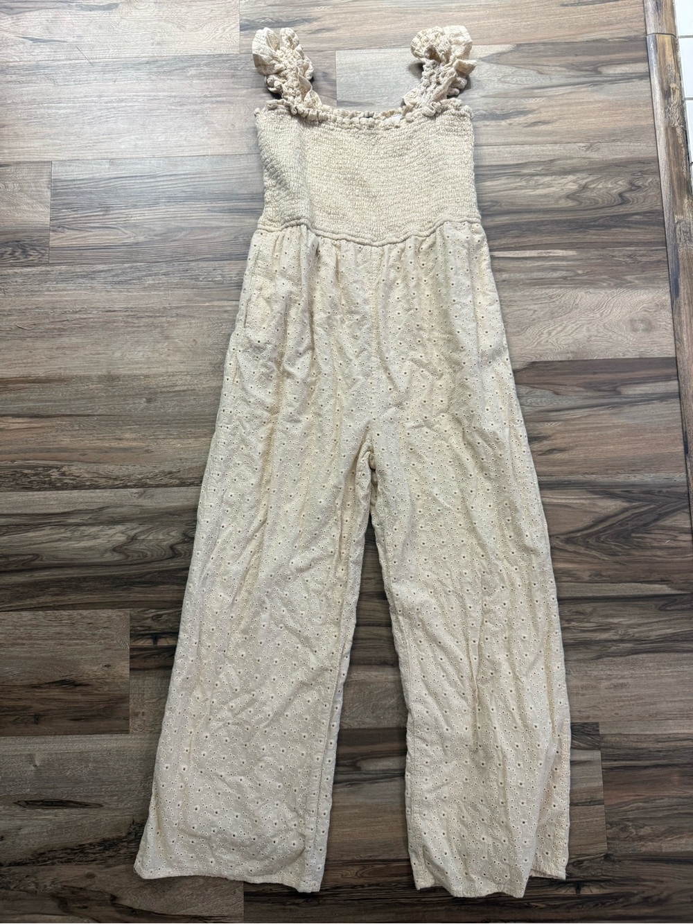 Lulu's Cream Eyelet Smocked Wide-Leg Jumpsuit